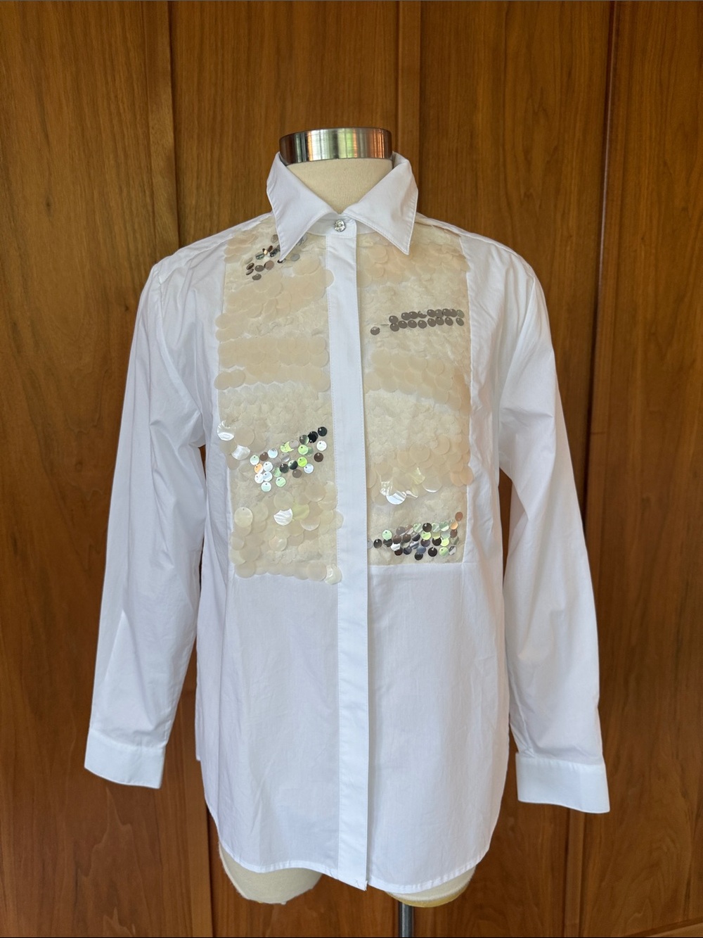 Part Two, White Sequin Panel Button-Up Blouse
